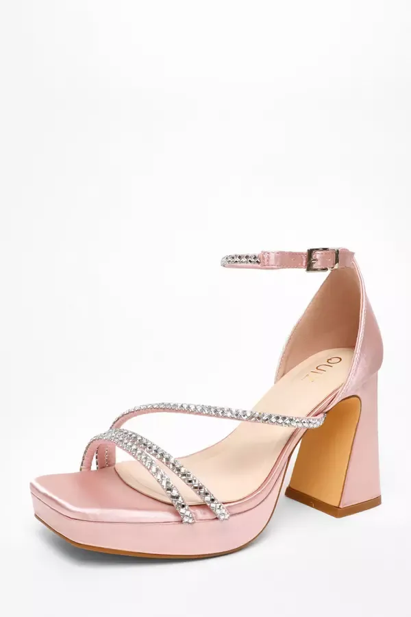 Women Pink Diamante Strappy Platform Heeled Sandals Quiz Clothing Platforms