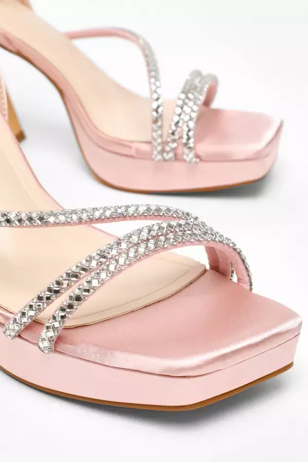 Women Pink Diamante Strappy Platform Heeled Sandals Quiz Clothing Platforms