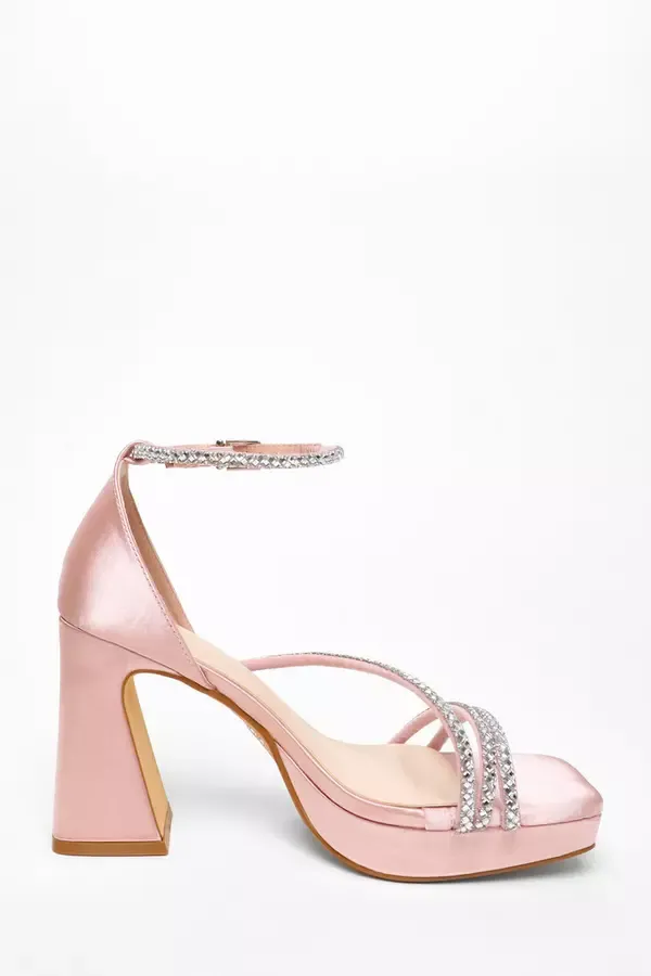 Women Pink Diamante Strappy Platform Heeled Sandals Quiz Clothing Platforms