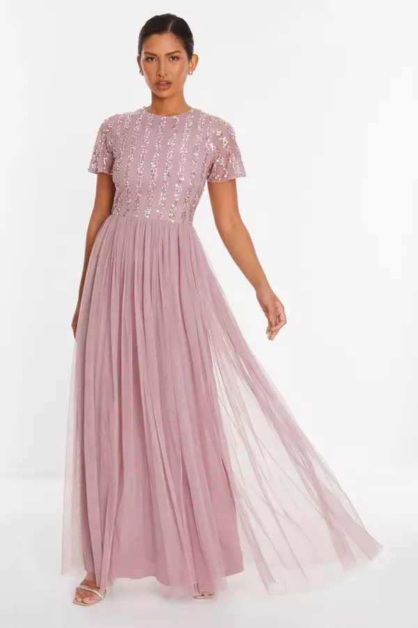 Women Pink Embellished Sequin Maxi Dress Quiz Clothing Dresses