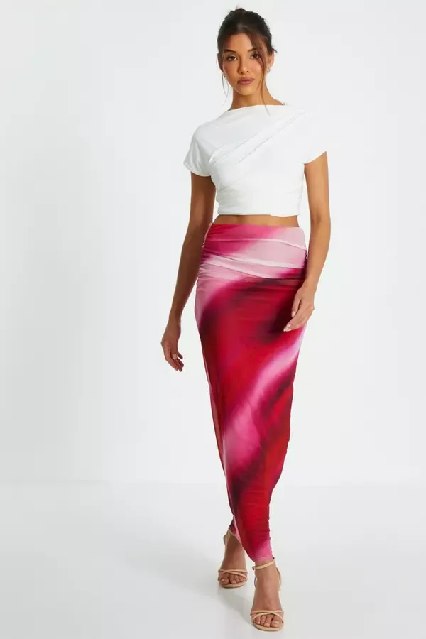 Women Pink Ombre Ruched Maxi Skirt Quiz Clothing Skirts
