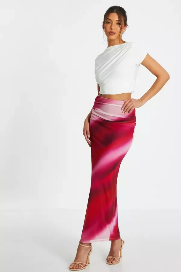 Women Pink Ombre Ruched Maxi Skirt Quiz Clothing Skirts
