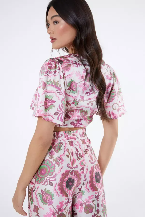 Women Pink Paisley Print Tie Front Crop Top Quiz Clothing CoOrds