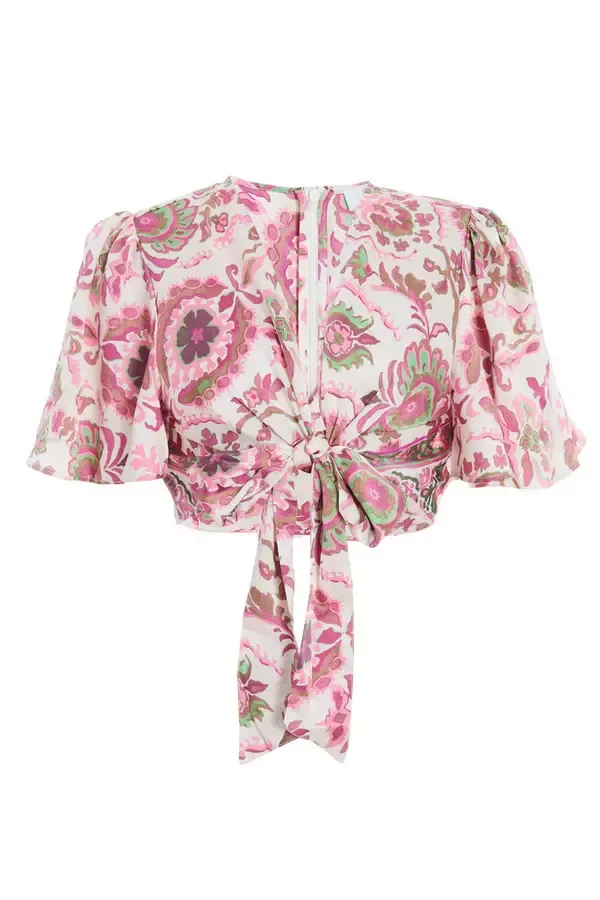 Women Pink Paisley Print Tie Front Crop Top Quiz Clothing CoOrds