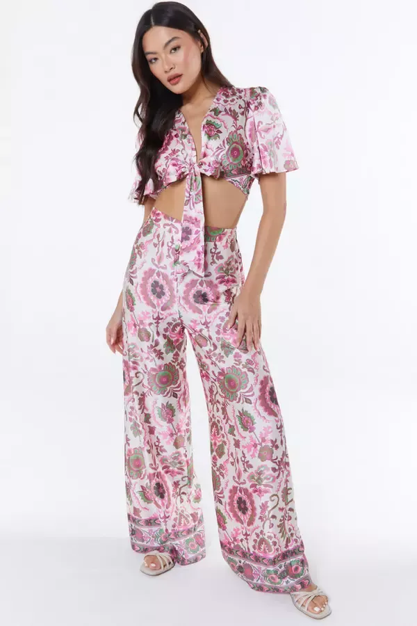 Women Pink Paisley Print Tie Front Crop Top Quiz Clothing CoOrds
