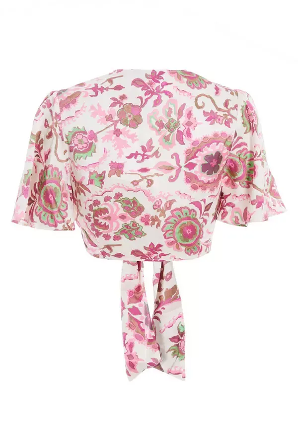 Women Pink Paisley Print Tie Front Crop Top Quiz Clothing CoOrds