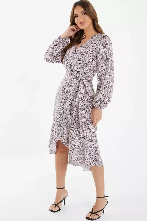 Women Pink Satin Animal Print Midi Dress Quiz Clothing Dresses