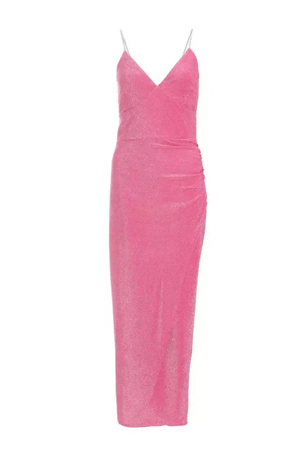 Women Pink Shimmer Wrap Maxi Dress Quiz Clothing Dresses