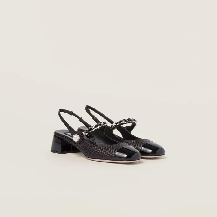 Women Pumps Miu Miu Patent Leather And Raffia Slingback Pumps Black