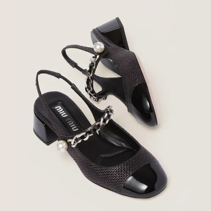 Women Pumps Miu Miu Patent Leather And Raffia Slingback Pumps Black Women Pumps Miu Miu Patent Leather And Raffia Slingback Pumps Black
