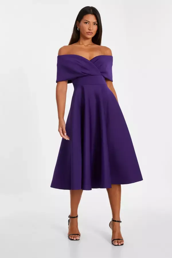 Women Purple Bardot Skater Midi Dress Quiz Clothing Dresses