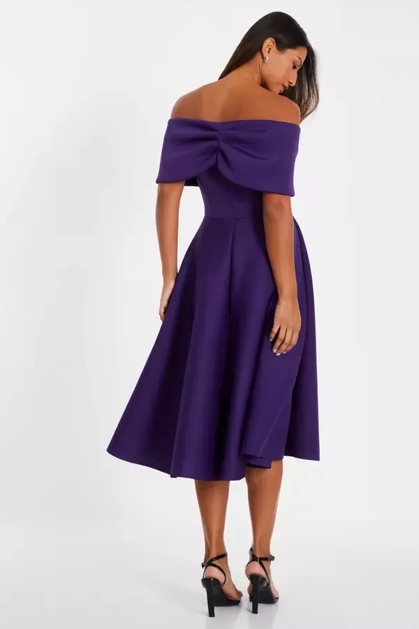 Women Purple Bardot Skater Midi Dress Quiz Clothing Dresses