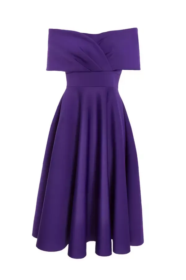 Women Purple Bardot Skater Midi Dress Quiz Clothing Dresses