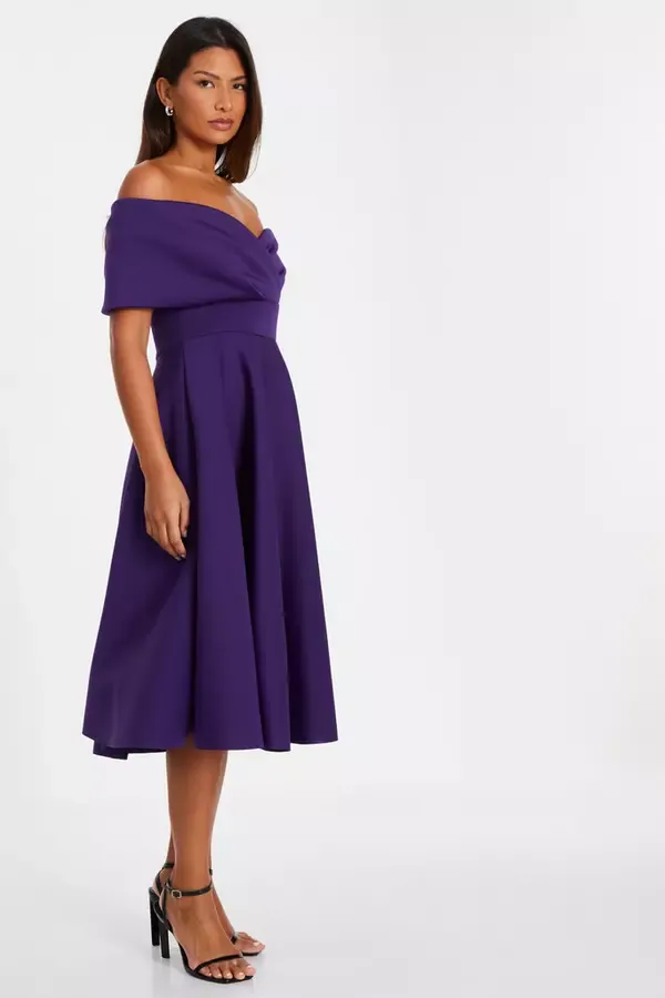Women Purple Bardot Skater Midi Dress Quiz Clothing Dresses