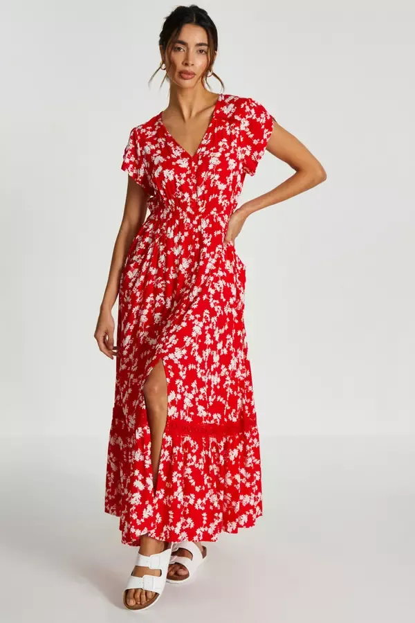 Women Red Ditsy Floral Crochet Trim Maxi Dress Quiz Clothing Casual Clothing