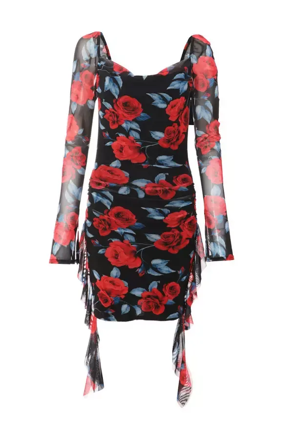 Women Red Floral Mesh Ruffle Bodycon Mini Dress Quiz Clothing Dresses