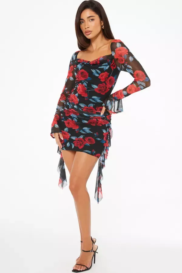 Women Red Floral Mesh Ruffle Bodycon Mini Dress Quiz Clothing Dresses