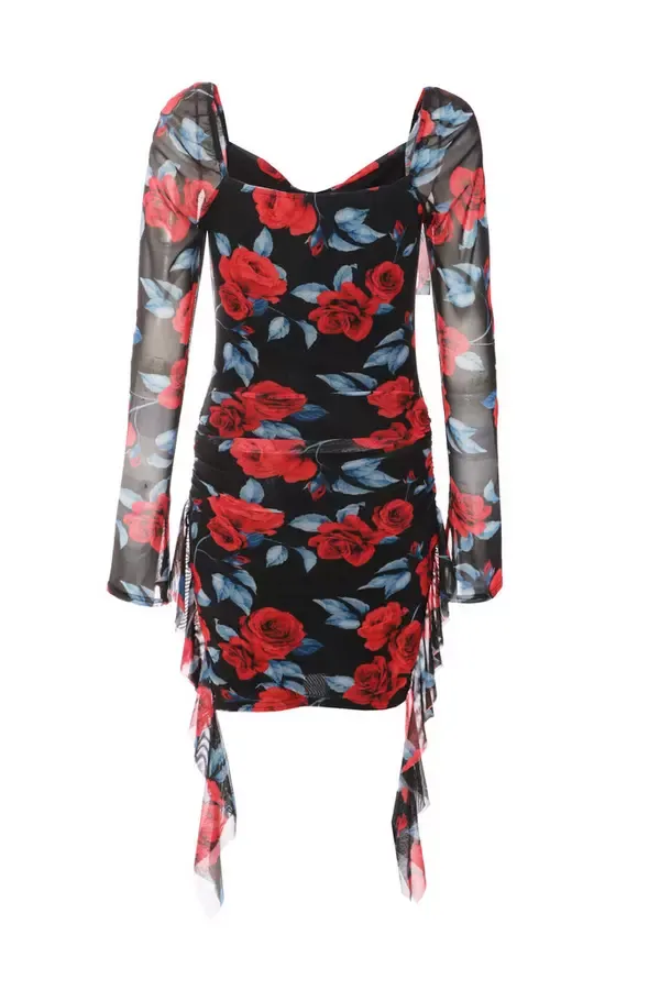 Women Red Floral Mesh Ruffle Bodycon Mini Dress Quiz Clothing Dresses