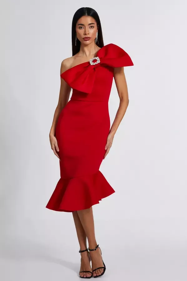Women Red One Shoulder Bow Midi Dress Quiz Clothing Dresses
