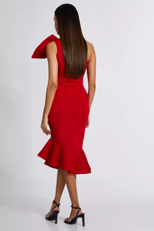 Women Red One Shoulder Bow Midi Dress Quiz Clothing Dresses