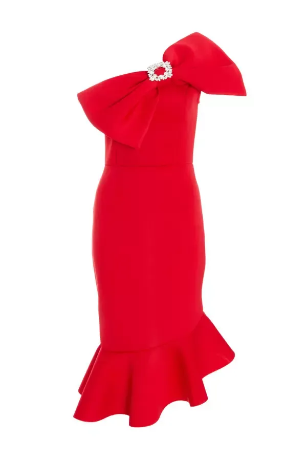 Women Red One Shoulder Bow Midi Dress Quiz Clothing Dresses