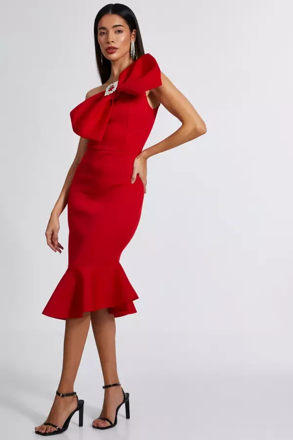 Women Red One Shoulder Bow Midi Dress Quiz Clothing Dresses