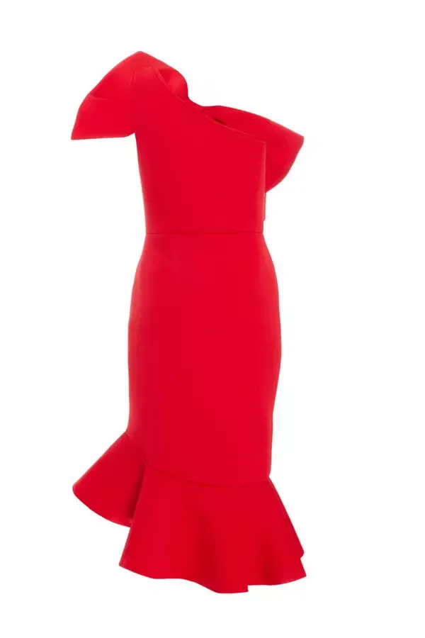 Women Red One Shoulder Bow Midi Dress Quiz Clothing Dresses