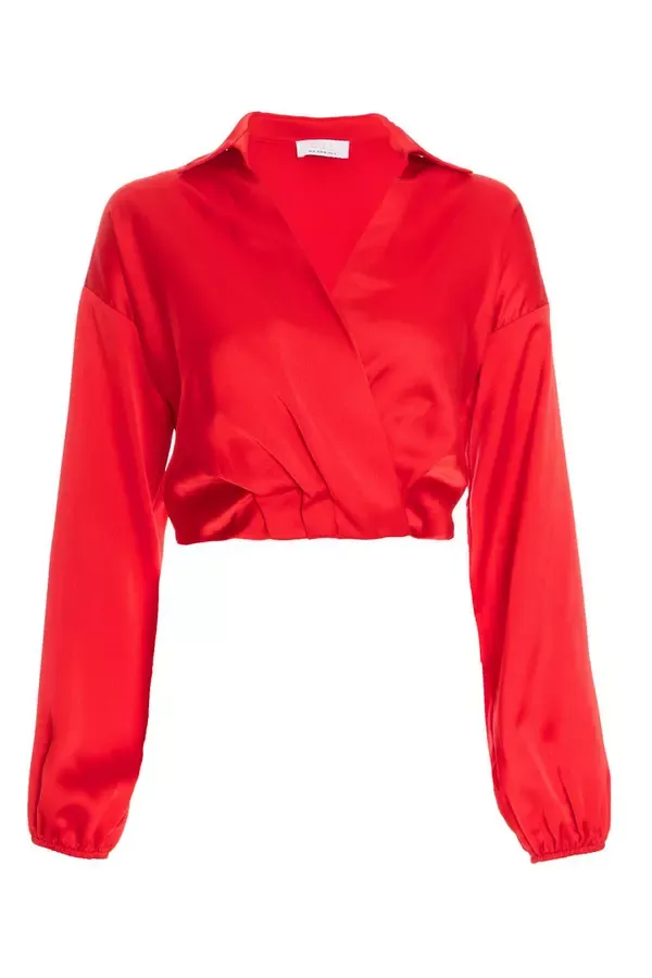 Women Red Satin Wrap Crop Top Quiz Clothing Going Out