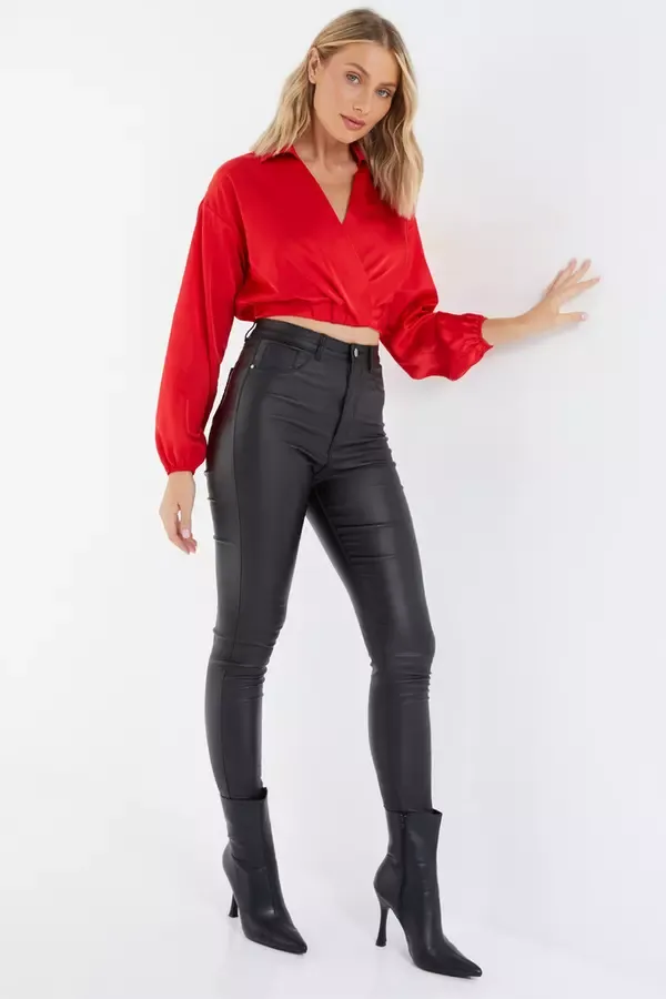 Women Red Satin Wrap Crop Top Quiz Clothing Going Out