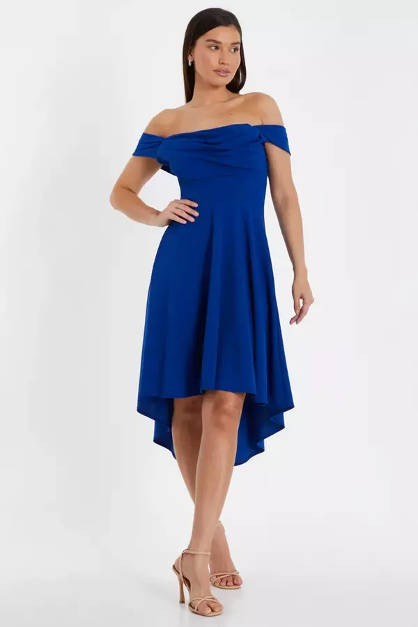 Women Royal Blue Bardot Dip Hem Midi Dress Quiz Clothing Dresses
