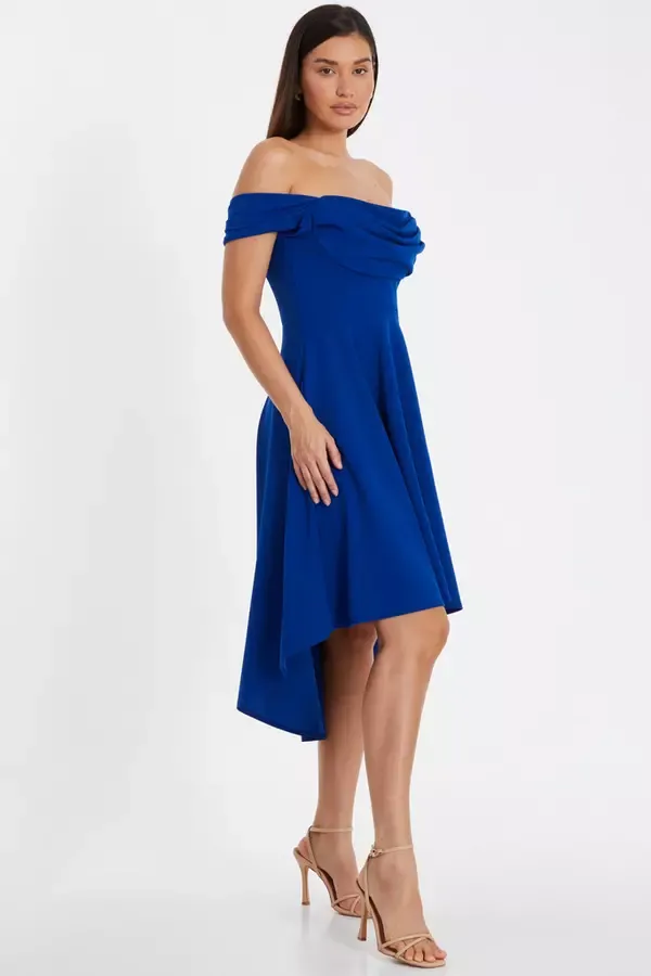 Women Royal Blue Bardot Dip Hem Midi Dress Quiz Clothing Dresses