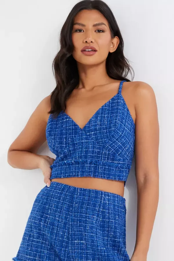 Women Royal Blue Checked Boucle Crop Top Quiz Clothing CoOrds
