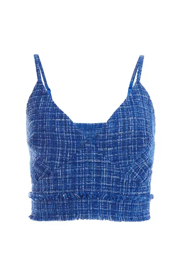 Women Royal Blue Checked Boucle Crop Top Quiz Clothing CoOrds