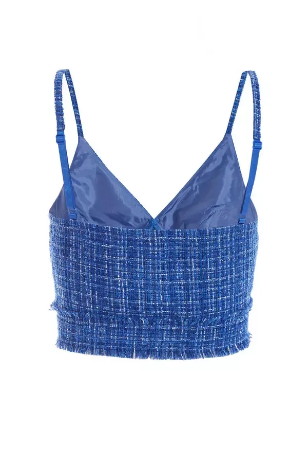Women Royal Blue Checked Boucle Crop Top Quiz Clothing CoOrds
