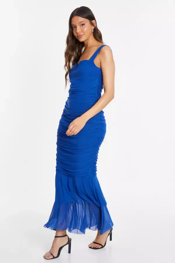Women Royal Blue Mesh Frill Hem Midaxi Dress Quiz Clothing Dresses