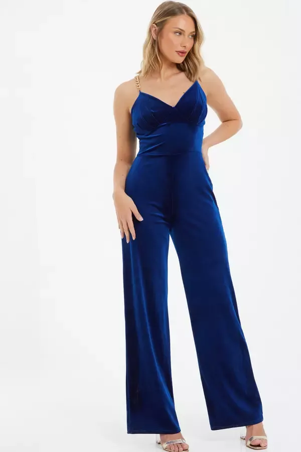 Women Royal Blue Velvet Wide Leg Jumpsuit Quiz Clothing Going Out