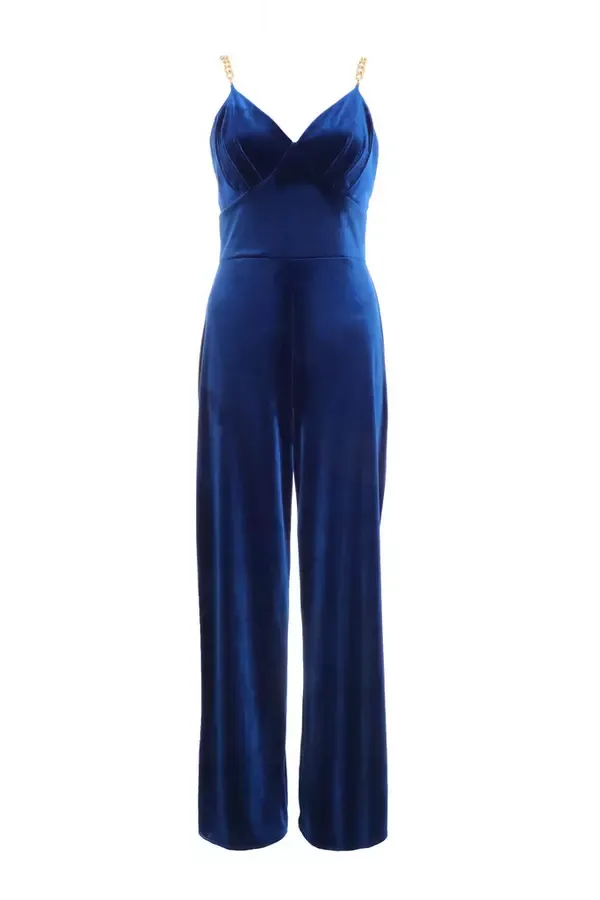 Women Royal Blue Velvet Wide Leg Jumpsuit Quiz Clothing Going Out