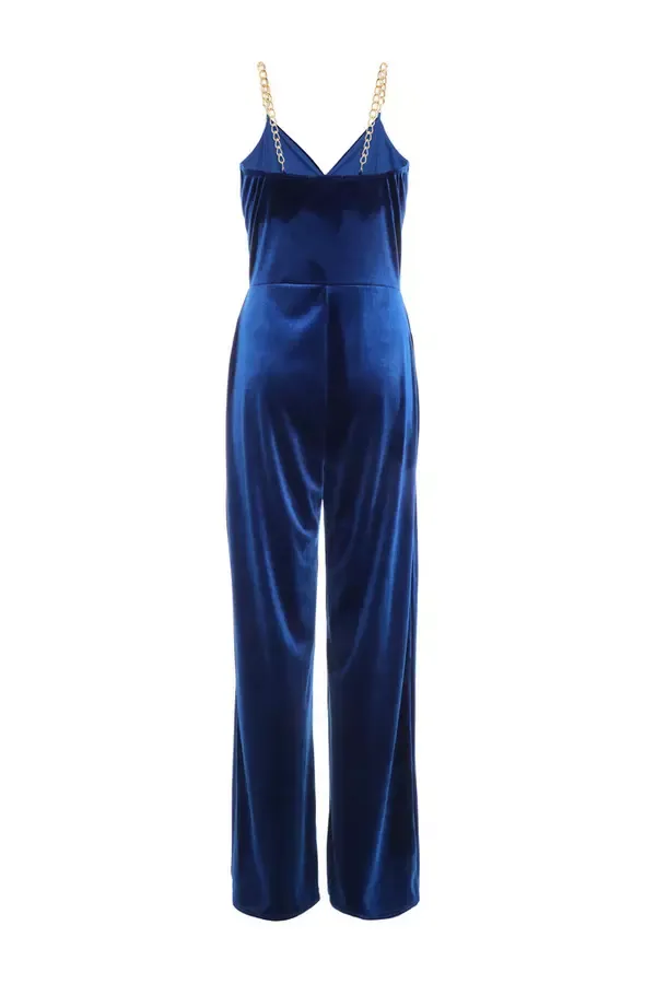 Women Royal Blue Velvet Wide Leg Jumpsuit Quiz Clothing Going Out
