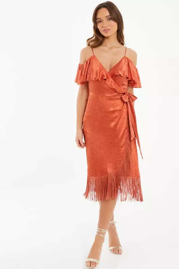 Women Rust Satin Cold Shoulder Fringe Hem Midi Dress Quiz Clothing Dresses