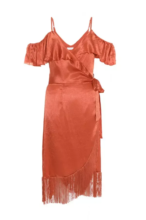 Women Rust Satin Cold Shoulder Fringe Hem Midi Dress Quiz Clothing Dresses