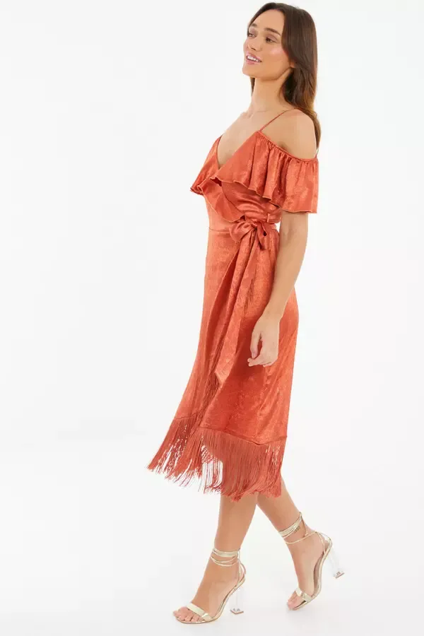 Women Rust Satin Cold Shoulder Fringe Hem Midi Dress Quiz Clothing Dresses