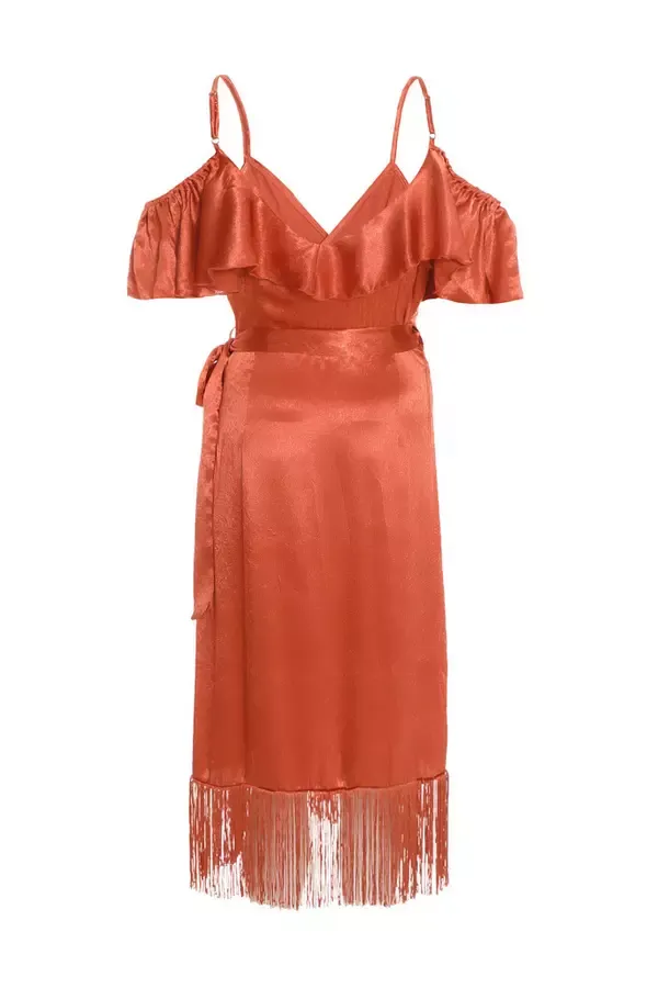 Women Rust Satin Cold Shoulder Fringe Hem Midi Dress Quiz Clothing Dresses
