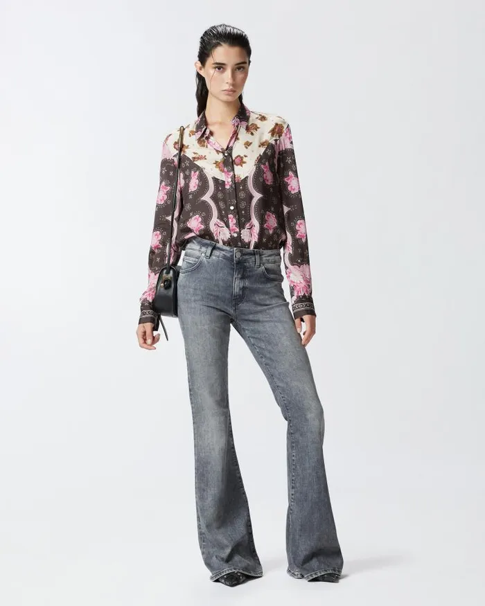 Women Shirts Pinko Shirt With Floral Placed Print Brownpink Women Shirts Pinko Shirt With Floral Placed Print Brownpink