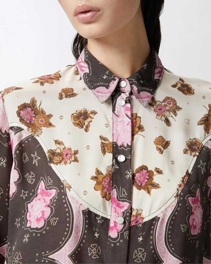 Women Shirts Pinko Shirt With Floral Placed Print Brownpink Women Shirts Pinko Shirt With Floral Placed Print Brownpink