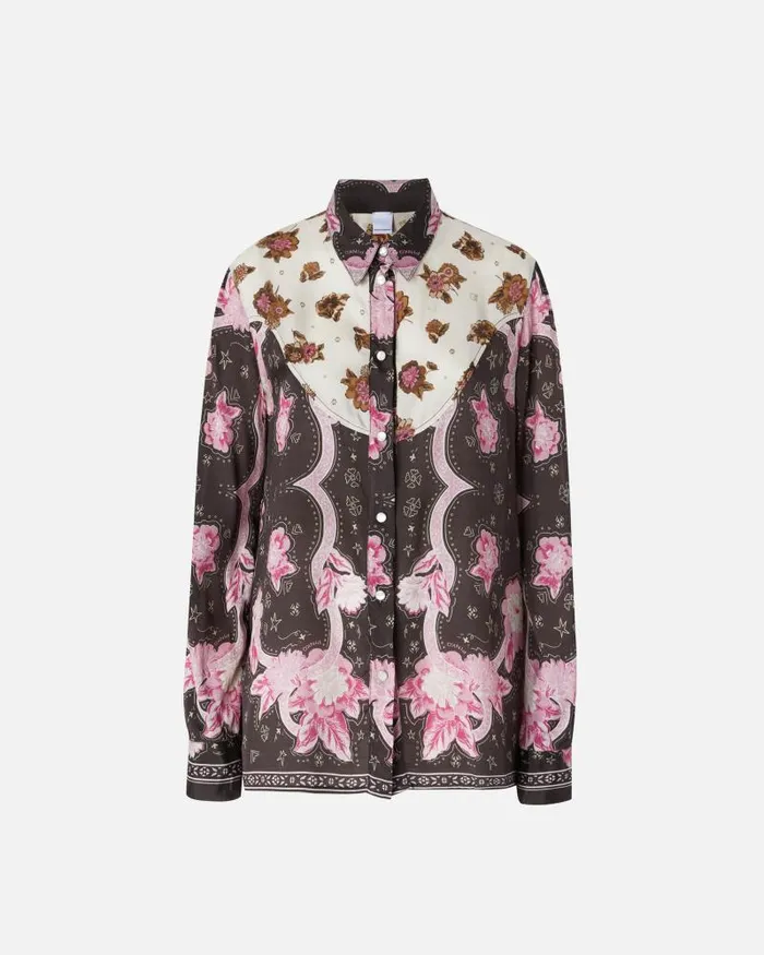 Women Shirts Pinko Shirt With Floral Placed Print Brownpink Women Shirts Pinko Shirt With Floral Placed Print Brownpink