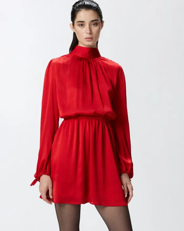 Women Short Dresses Pinko Crinkle Fabric Mini Dress With Open Back Salsa Red Women Short Dresses Pinko Crinkle Fabric Mini Dress With Open Back Salsa Red