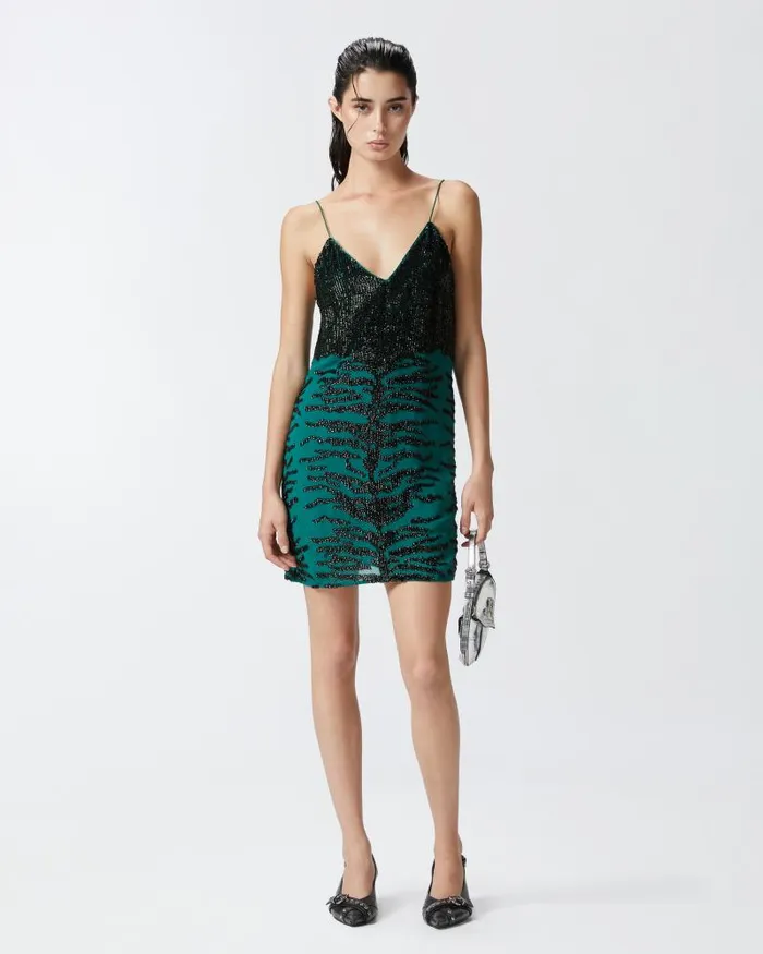Women Short Dresses Pinko Mini Dress With Zebra Sequin Embroidery Greenblack