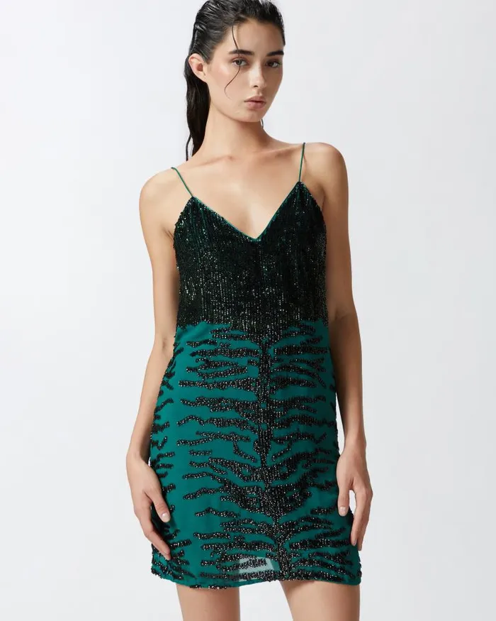Women Short Dresses Pinko Mini Dress With Zebra Sequin Embroidery Greenblack Women Short Dresses Pinko Mini Dress With Zebra Sequin Embroidery Greenblack