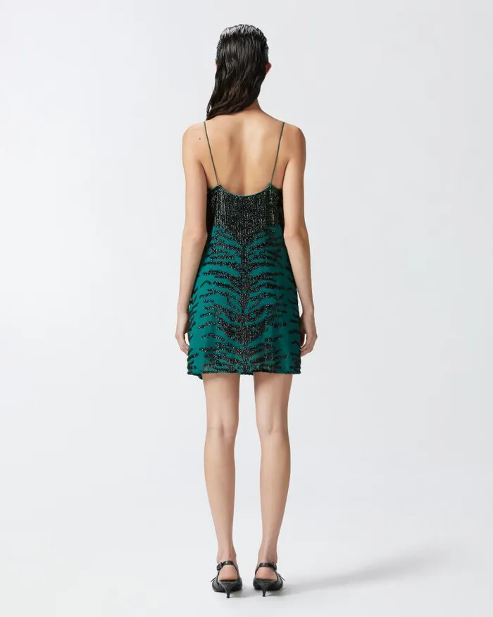 Women Short Dresses Pinko Mini Dress With Zebra Sequin Embroidery Greenblack Women Short Dresses Pinko Mini Dress With Zebra Sequin Embroidery Greenblack