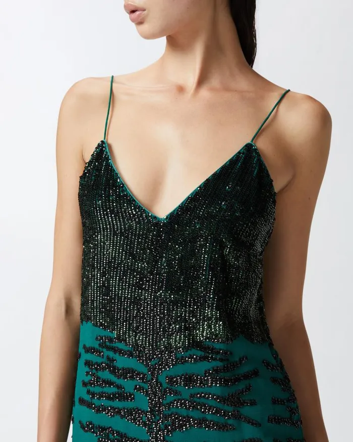 Women Short Dresses Pinko Mini Dress With Zebra Sequin Embroidery Greenblack Women Short Dresses Pinko Mini Dress With Zebra Sequin Embroidery Greenblack